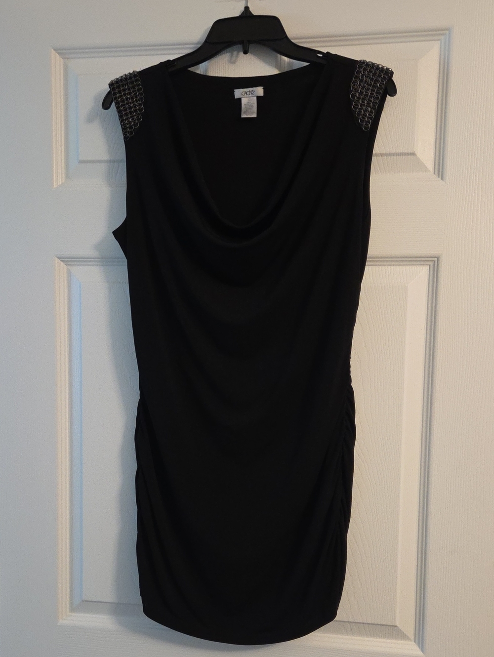 Cashe Black Sleeveless Midi Dress with Draped Neckline and Beaded Shoulders